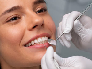 mulher fazendo avaliação no dentista